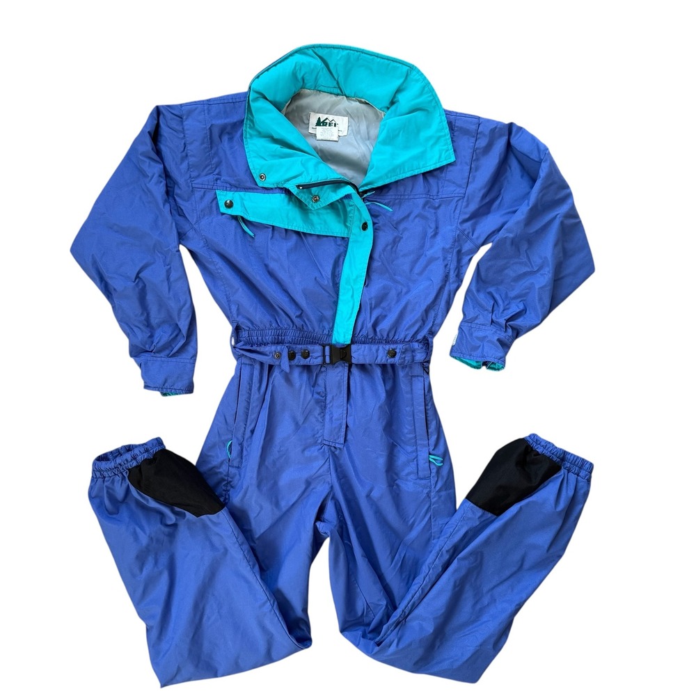 Vintage REI One Piece Ski Suit Teal Colorblock Belted Snow Suit Womens L